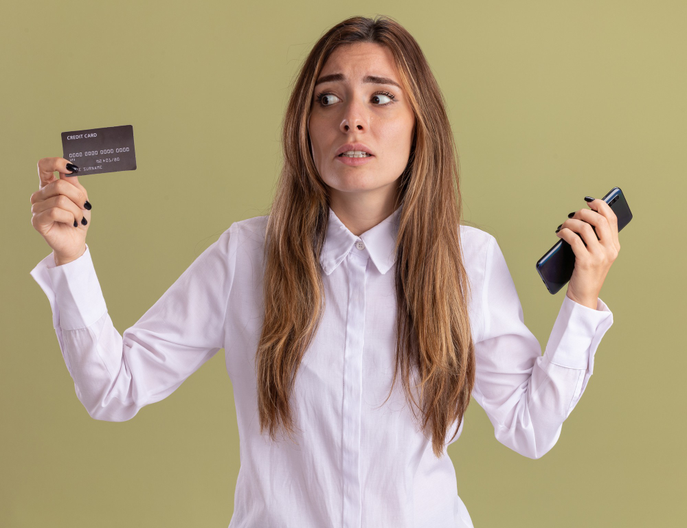 chica asustada con su tarjeta de crédito y prefiriendo el prestamos personal